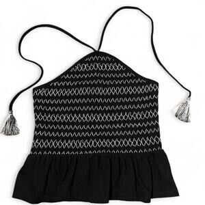 American Eagle Smocked Halter Top XS Black Ruffle Tie Back NWT Women’s Summer